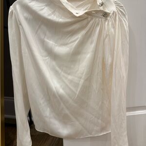 INTERMIX Ivory Satin Button-Shoulder Blouse